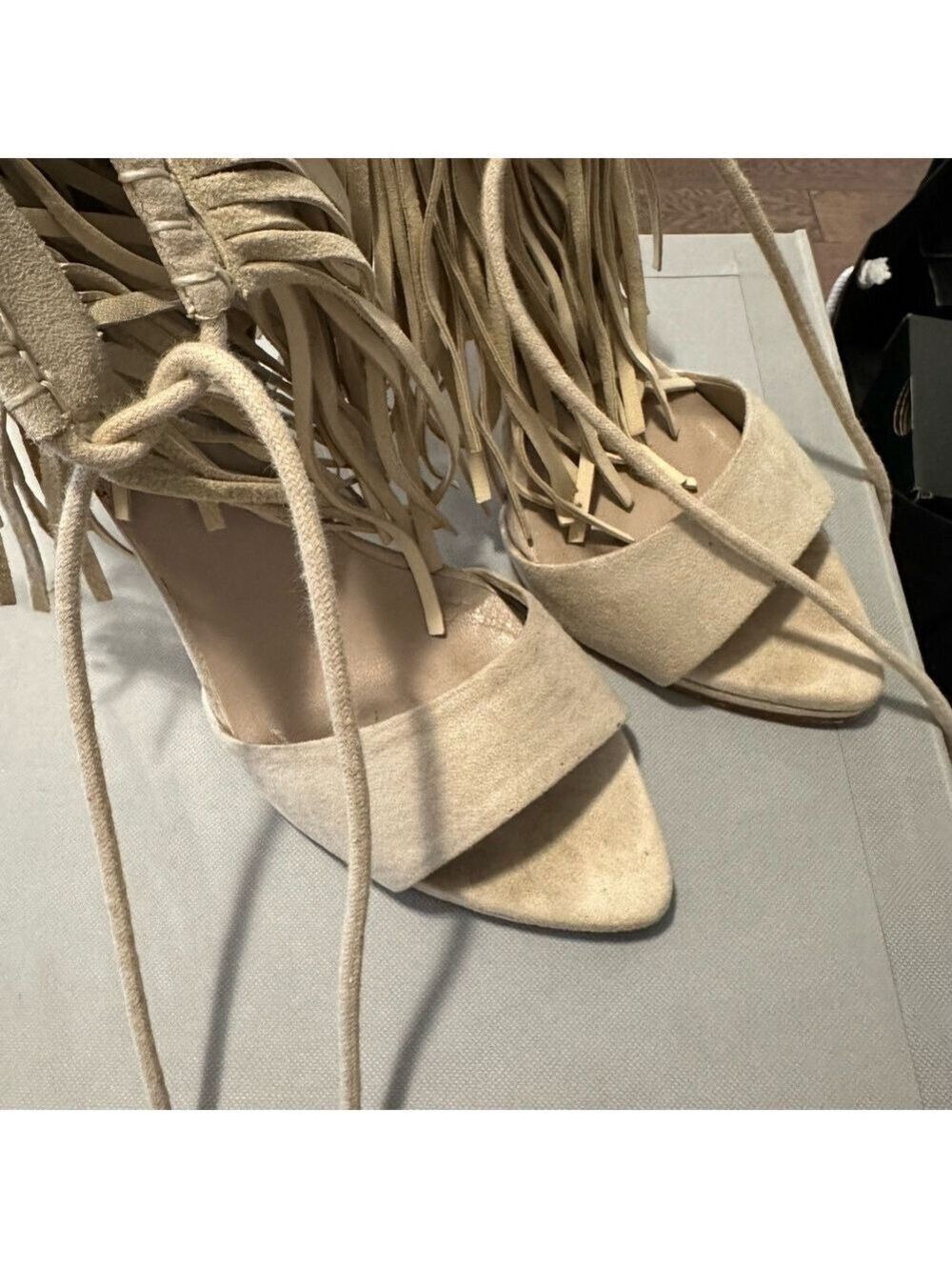 Zara Faux Suede Fringe Tassel Tie High Heel Sandals in Bone/Cream - Picture 7 of 15